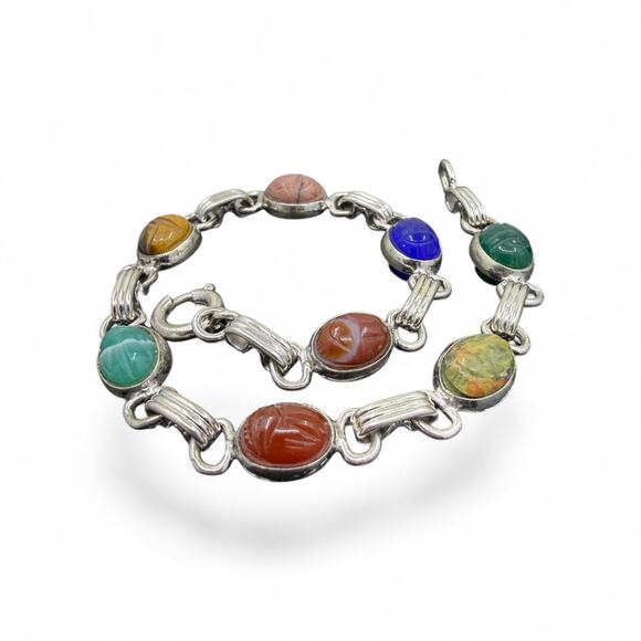 Vintage Gold Filled Scarab Bracelet Genuine Stones Chalcedony Onyx Tiger Eye - Picture 4 of 8